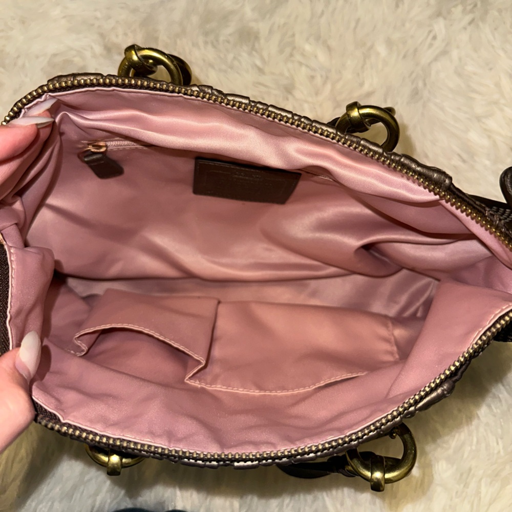 Coach Signature Ashley Gathered Dotted Op Art Brown Bronze Shoulder Bag New - Picture 3 of 5